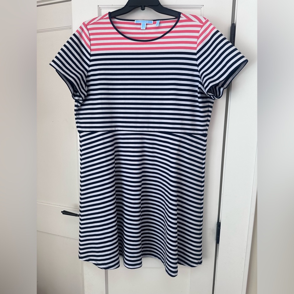 EUC DRAPER JAMES CORAL AND NAVY NAUTICAL STRIPES CAP SLEEVE DRESS PLUS SIZE 2X